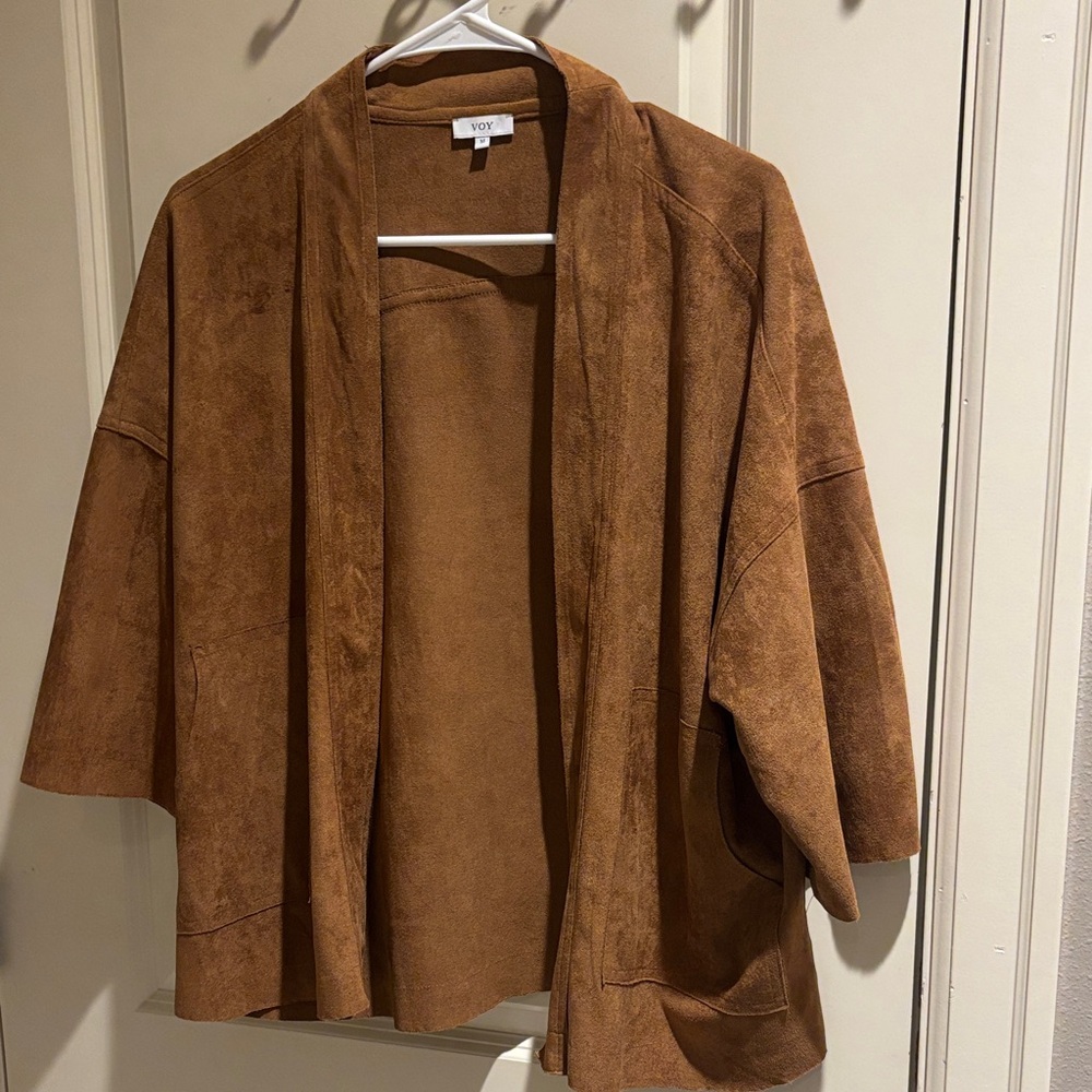 Voy Tan Open Front Faux Suede Cardigan